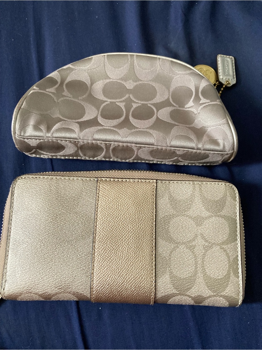 2 Coach Metallic Signature Cosmetic Pouch for and Zip Wallet - Champagne Gold